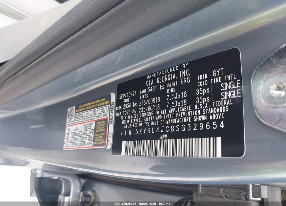 2025 KIA SORENTO S VIN: 5XYRL4JC8SG329654