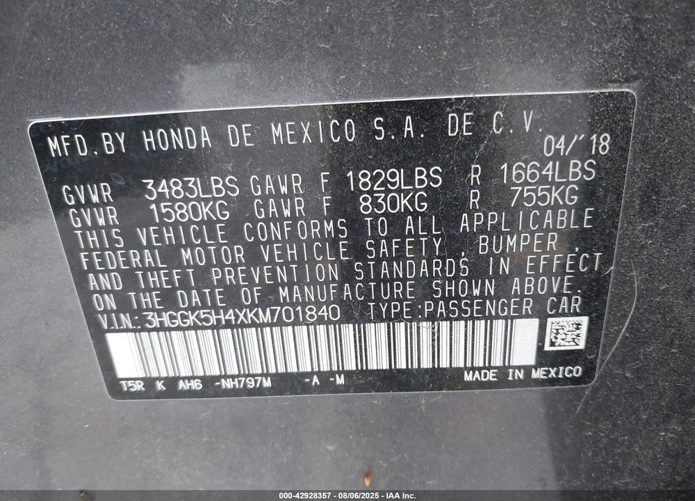 2019 HONDA FIT VIN: 3HGGK5H4XKM701840