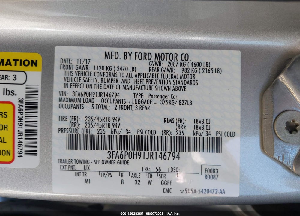 2018 FORD FUSION VIN: 3FA6P0H91JR146794