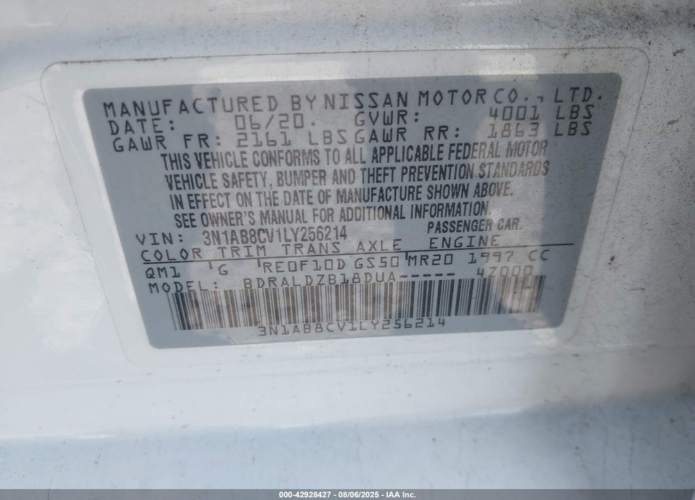 2020 NISSAN SENTRA VIN: 3N1AB8CV1LY256214