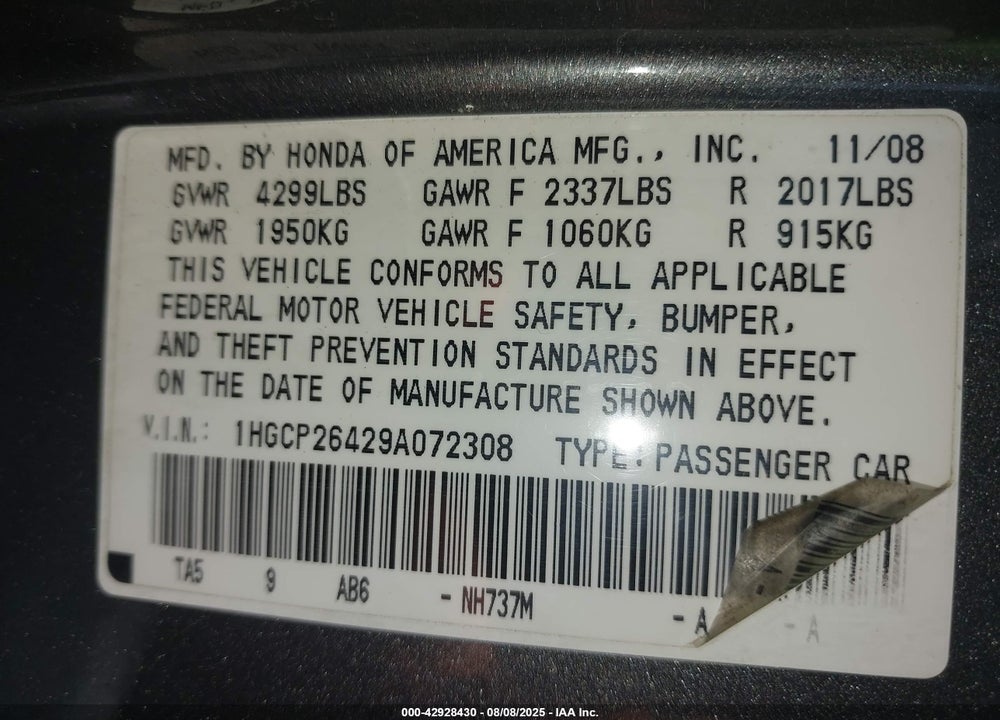 2009 HONDA ACCORD VIN: 1HGCP26429A072308