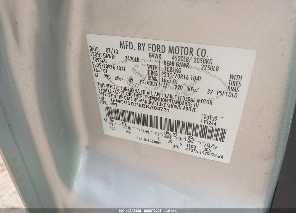 2011 FORD ESCAPE VIN: 1FMCU0DG8BKA04731