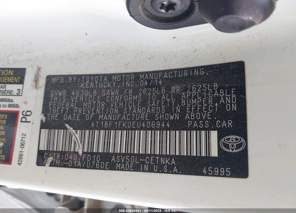 2014 TOYOTA CAMRY VIN: 4T1BF1FK0EU406944
