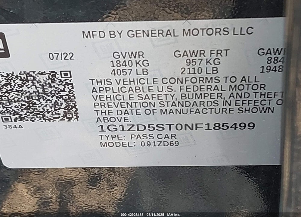2022 CHEVROLET MALIBU VIN: 1G1ZD5ST0NF185499