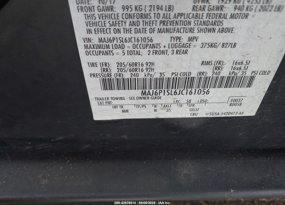 2018 FORD ECOSPORT VIN: MAJ6P1SL6JC161056