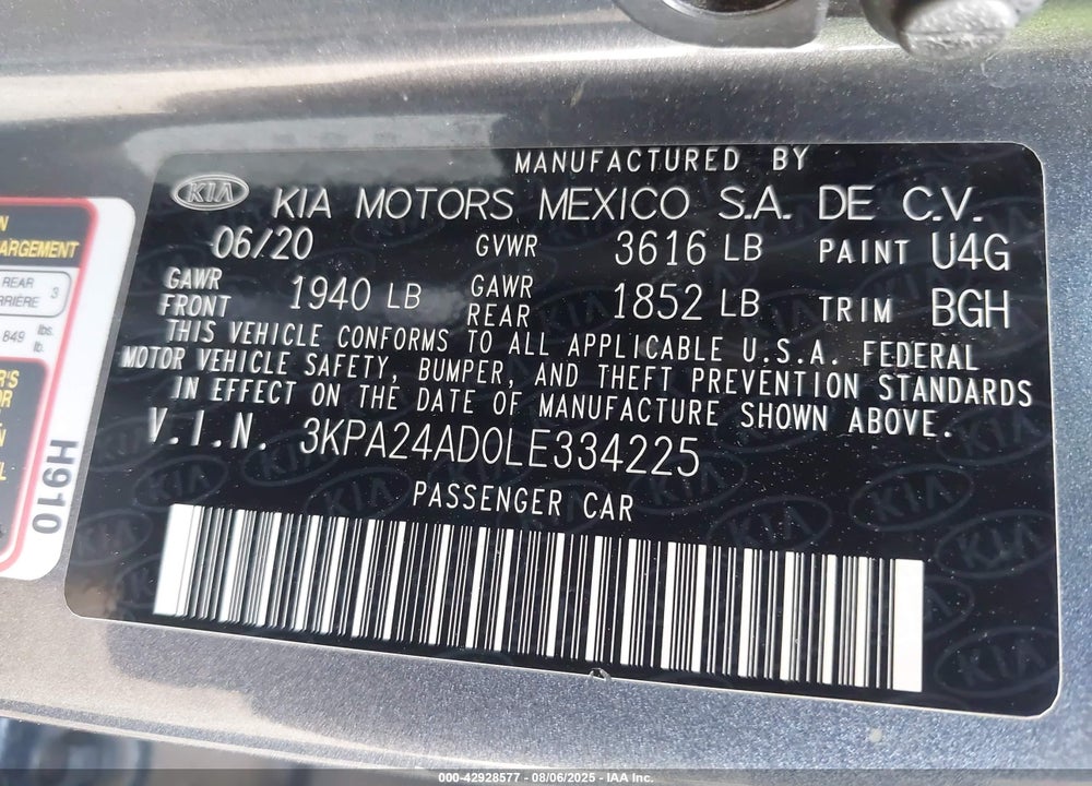 2020 KIA RIO VIN: 3KPA24AD0LE334225