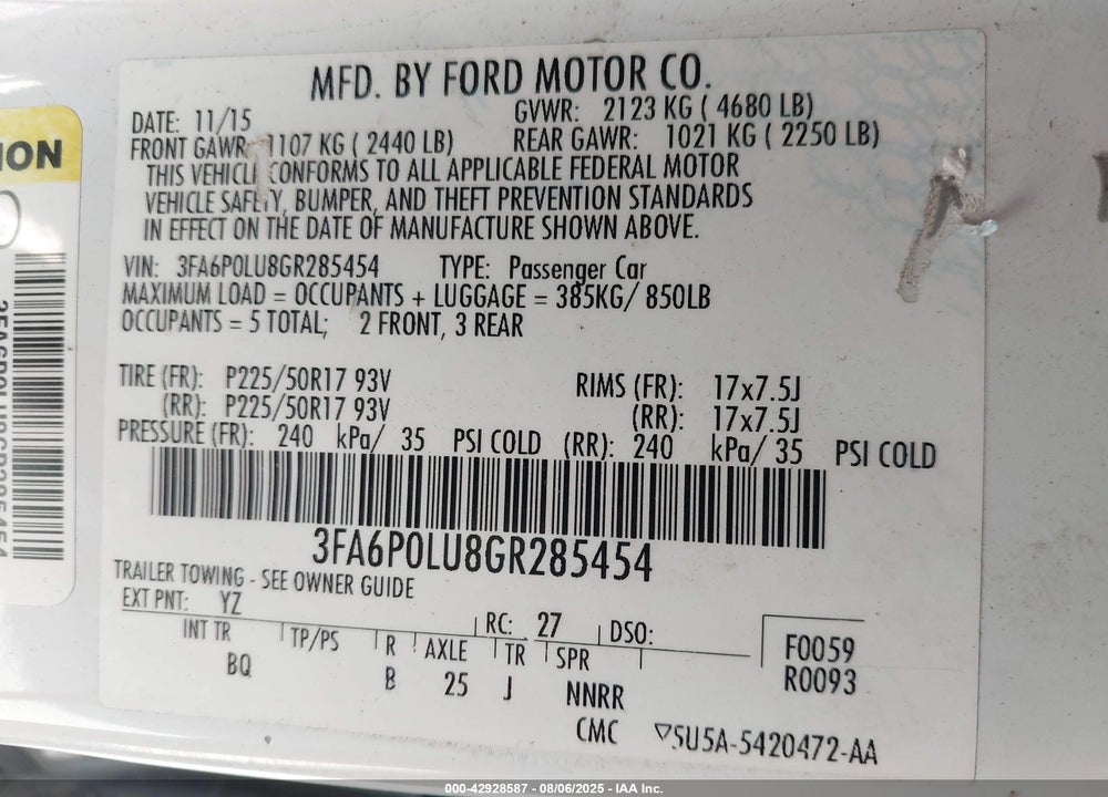 2016 FORD FUSION VIN: 3FA6P0LU8GR285454