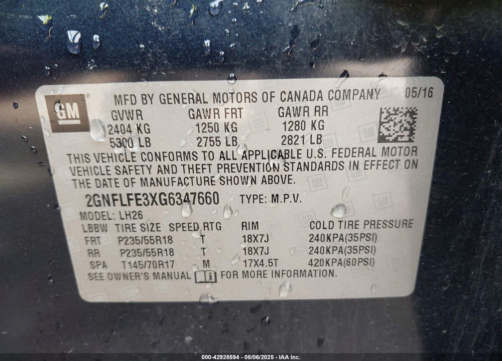 2016 CHEVROLET EQUINOX VIN: 2GNFLFE3XG6347660