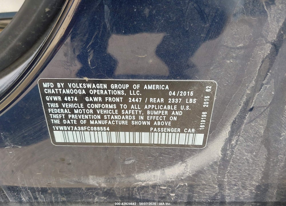 2015 VOLKSWAGEN PASSAT VIN: 1VWBV7A38FC088554