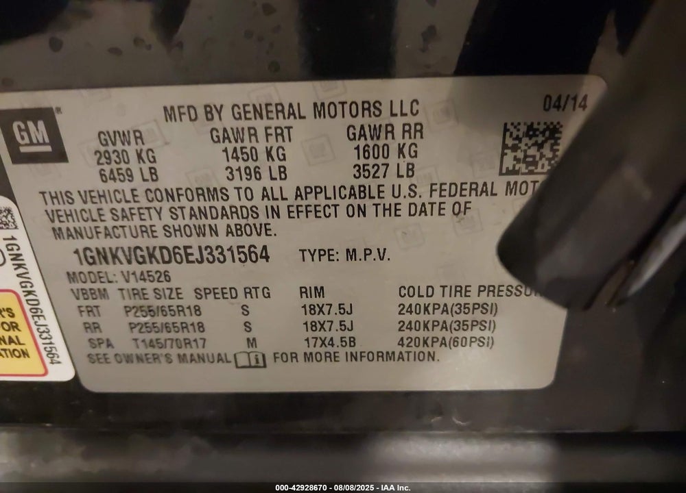 2014 CHEVROLET TRAVERSE VIN: 1GNKVGKD6EJ331564