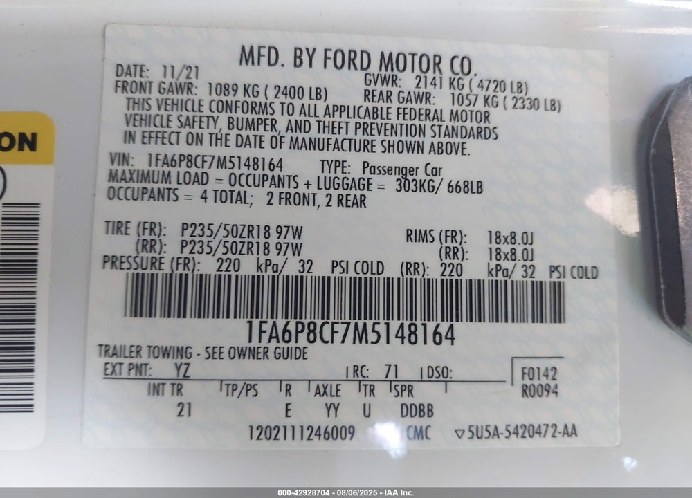 2021 FORD MUSTANG VIN: 1FA6P8CF7M5148164