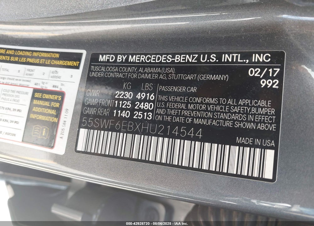2017 MERCEDES-BENZ AMG C 43 4MATIC VIN: 55SWF6EBXHU214544
