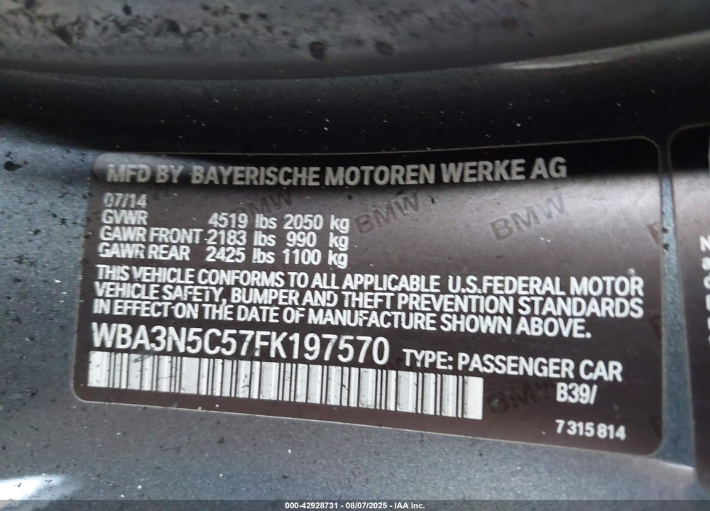 2015 BMW 4 SERIES VIN: WBA3N5C57FK197570