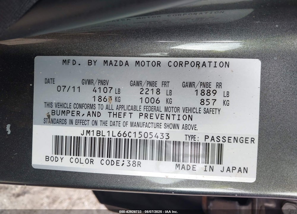 2012 MAZDA 3 VIN: JM1BL1L66C1505433