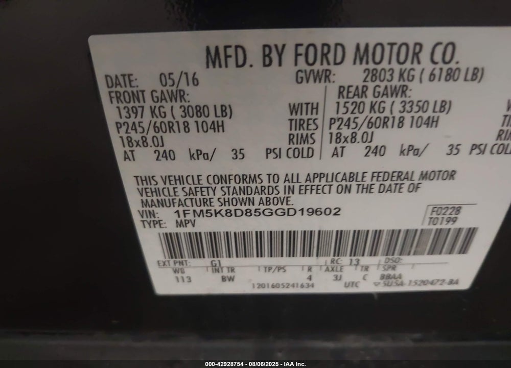 2016 FORD EXPLORER XLT VIN: 1FM5K8D85GGD19602