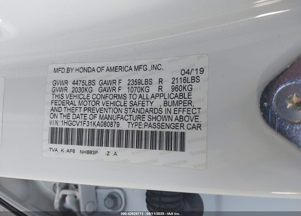 2019 HONDA ACCORD VIN: 1HGCV1F31KA080879