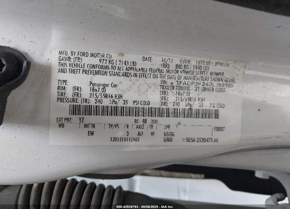 2013 FORD FOCUS VIN: 1FADP3K24DL169185