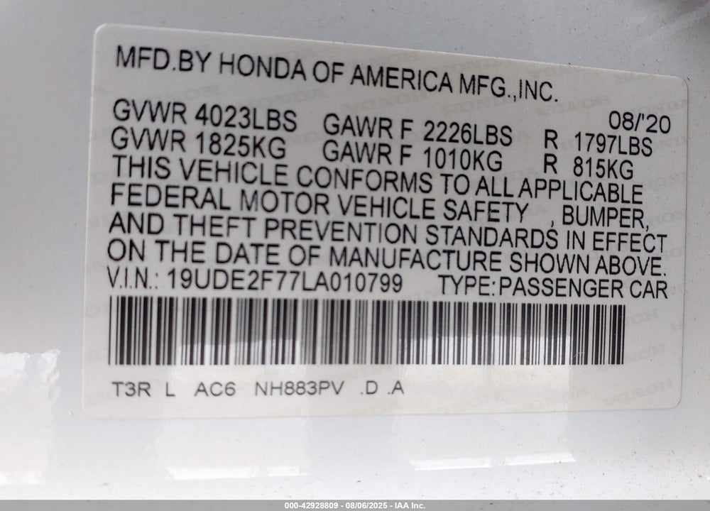 2020 ACURA ILX VIN: 19UDE2F77LA010799