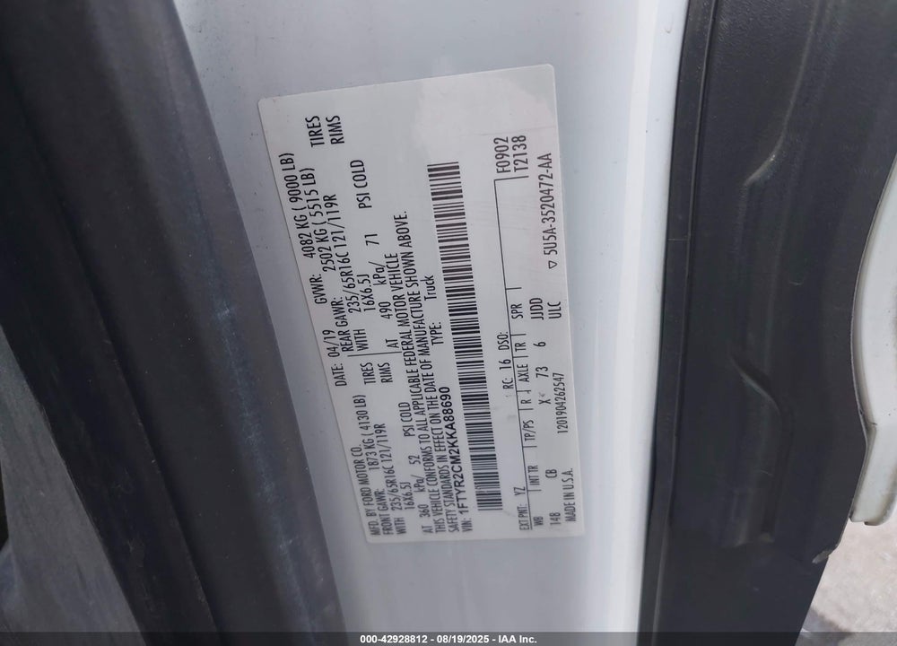 2019 FORD TRANSIT-250 VIN: 1FTYR2CM2KKA88690