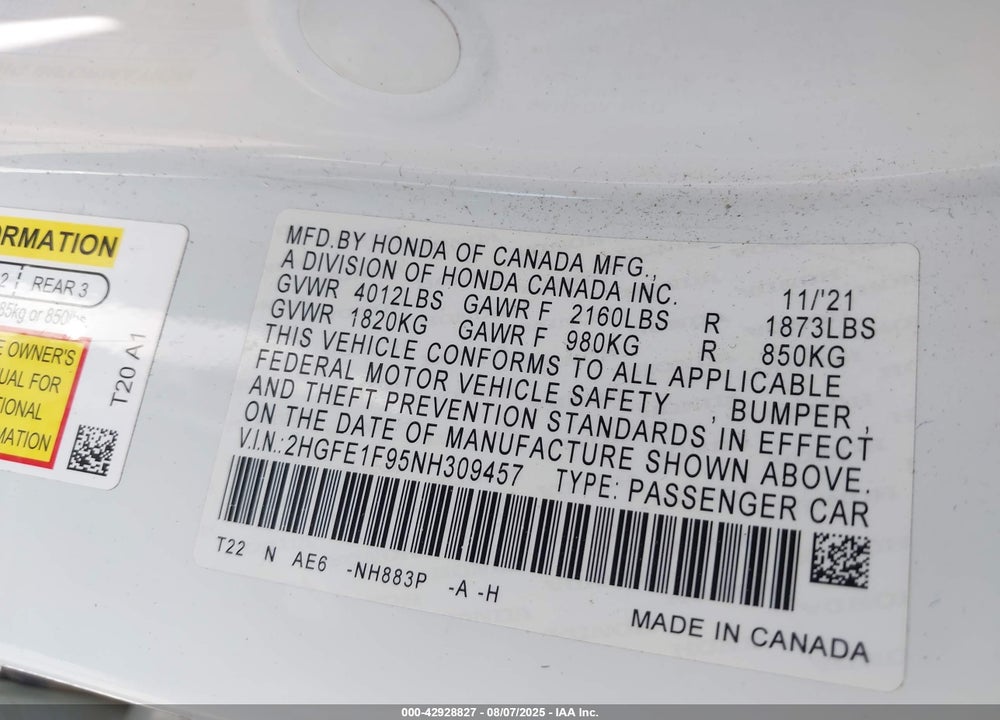2022 HONDA CIVIC VIN: 2HGFE1F95NH309457