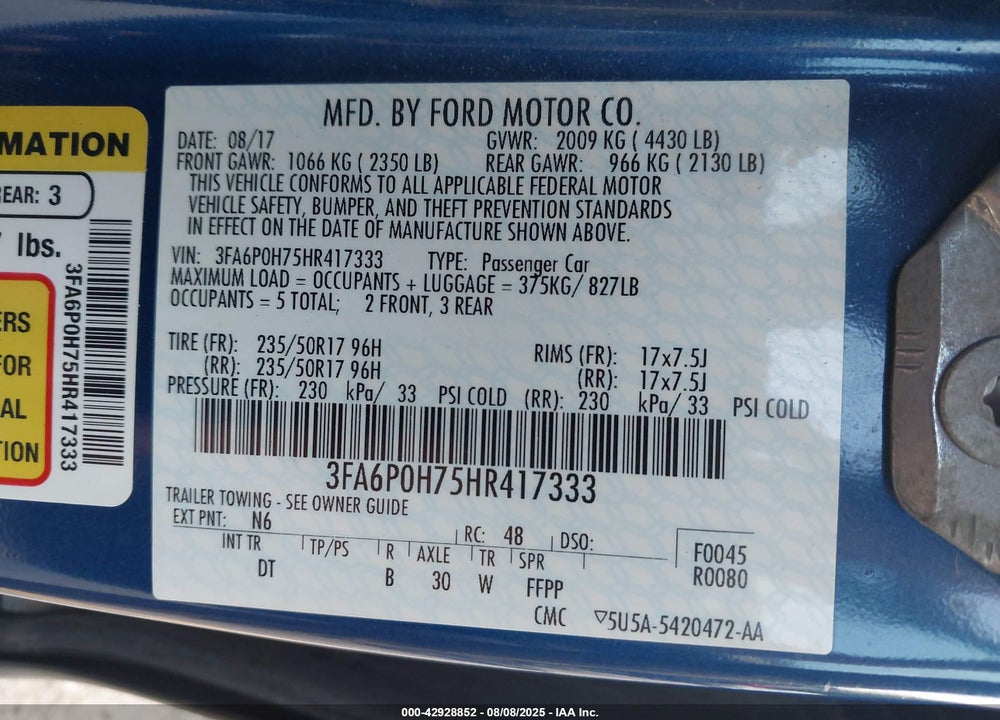 2017 FORD FUSION SE VIN: 3FA6P0H75HR417333