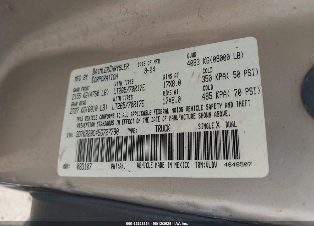 2005 DODGE RAM 2500 SLT/LARAMIE VIN: 3D7KR28C45G727790