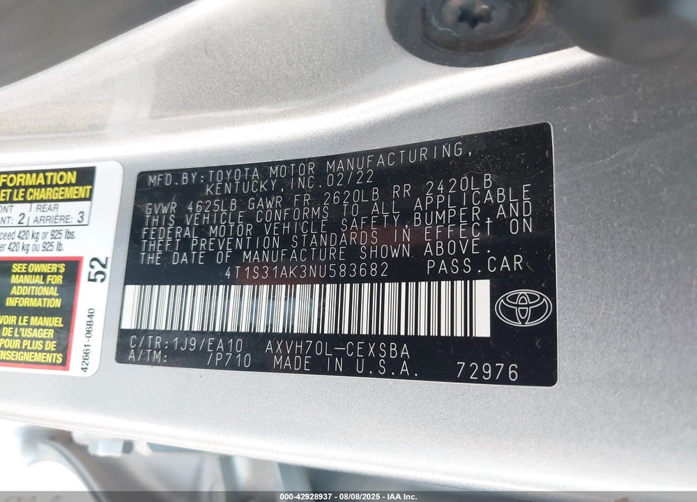 2022 TOYOTA CAMRY VIN: 4T1S31AK3NU583682