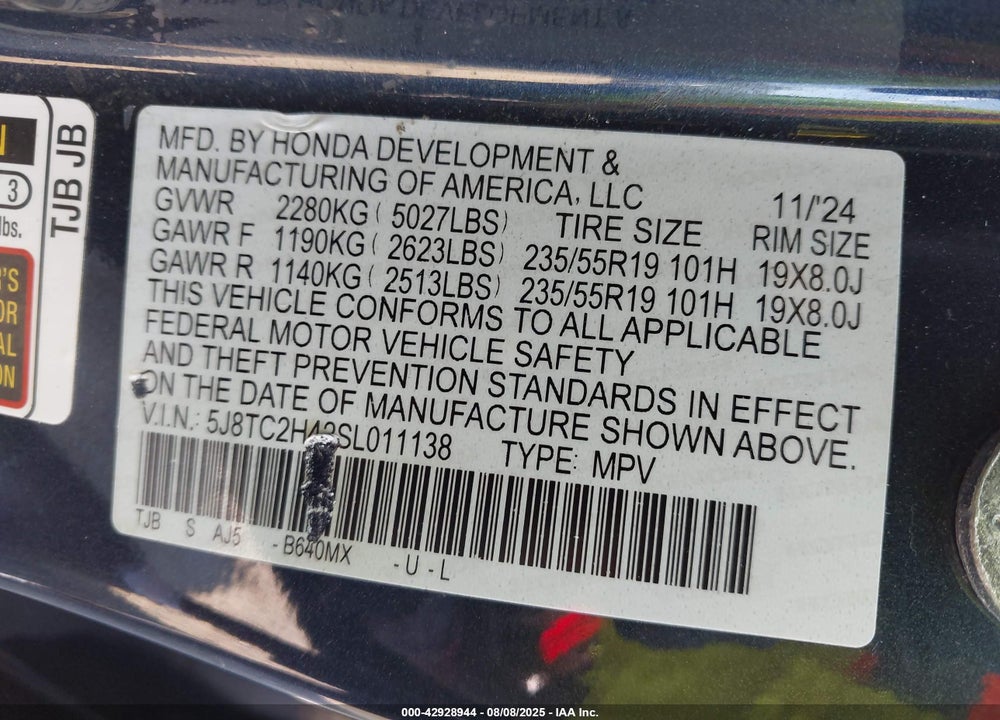 2025 ACURA RDX VIN: 5J8TC2H42SL011138