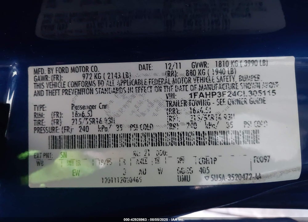 2012 FORD FOCUS SE VIN: 1FAHP3F24CL305115