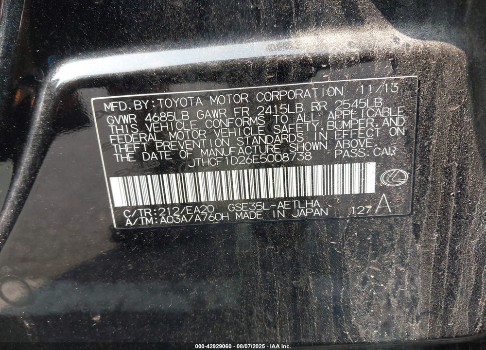 2014 LEXUS IS 250 VIN: JTHCF1D26E5008738