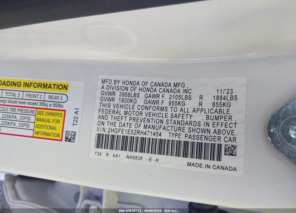 2024 HONDA CIVIC SI SEDAN VIN: 2HGFE1E52RH471454