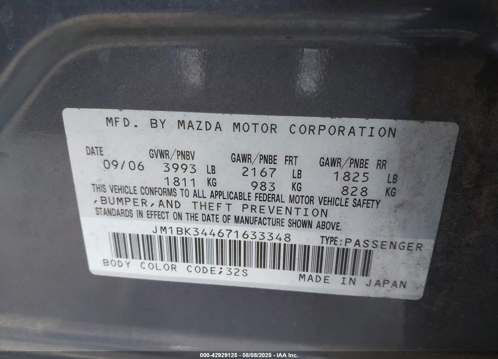 2007 MAZDA 3 S TOURING VIN: JM1BK344671633348