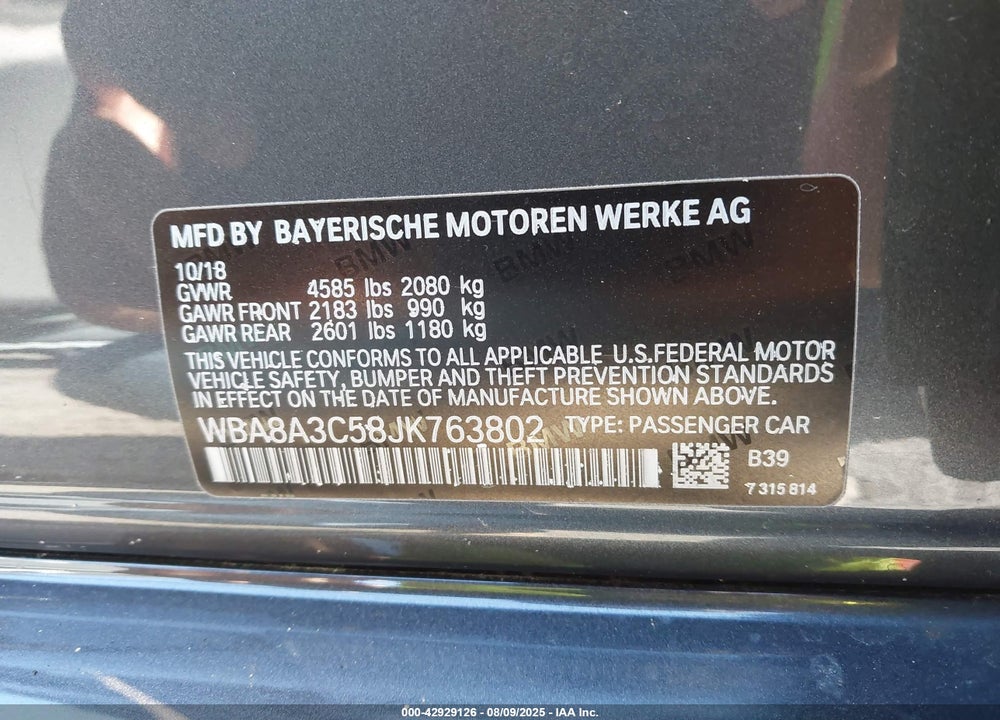 2018 BMW 3 SERIES VIN: WBA8A3C58JK763802