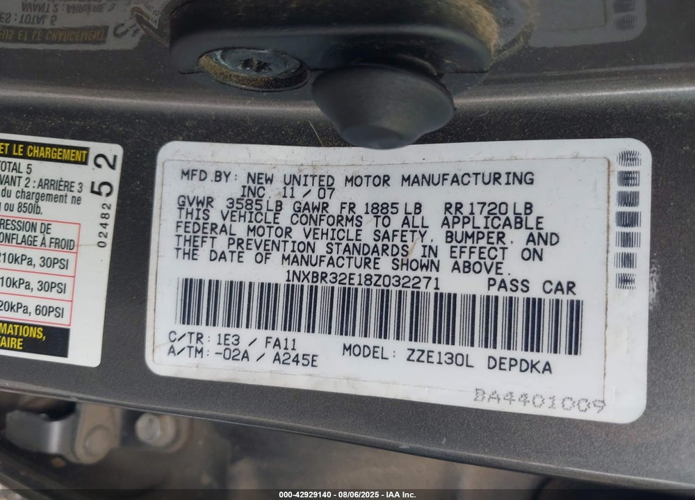 2008 TOYOTA COROLLA CE VIN: 1NXBR32E18Z032271