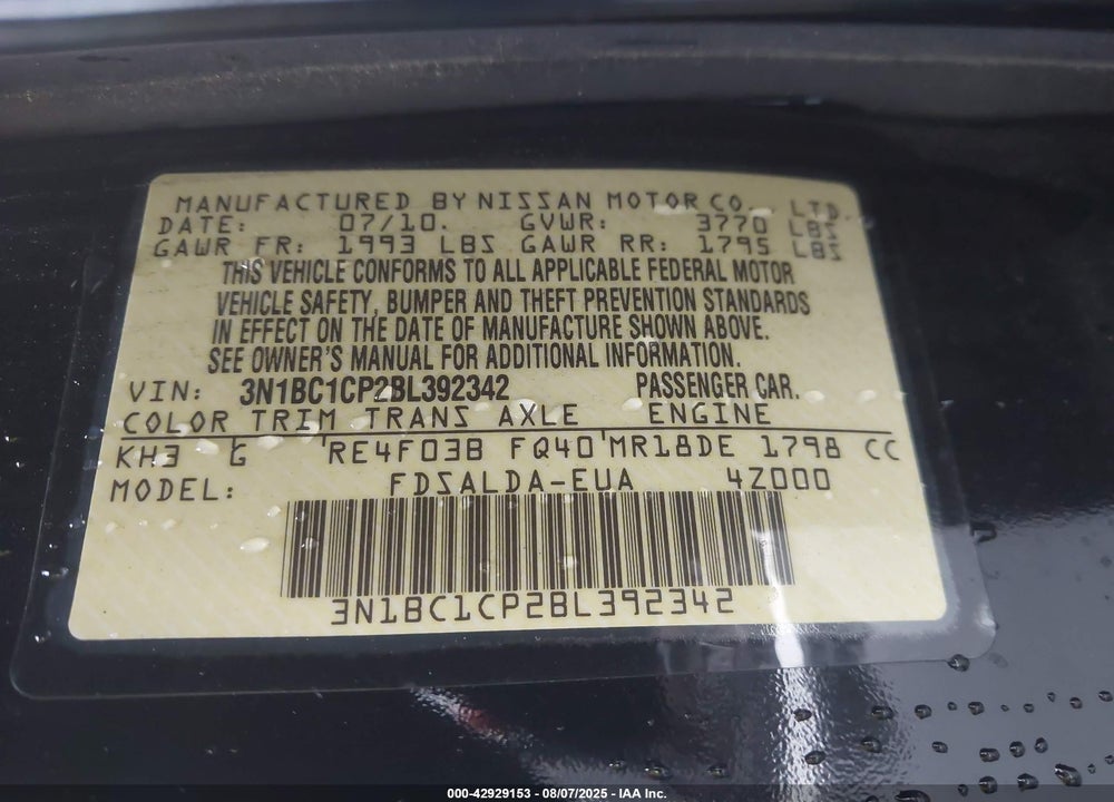 2011 NISSAN VERSA VIN: 3N1BC1CP2BL392342