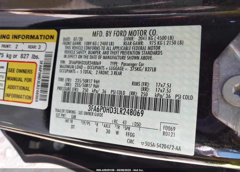 2020 FORD FUSION VIN: 3FA6P0HD3LR248069