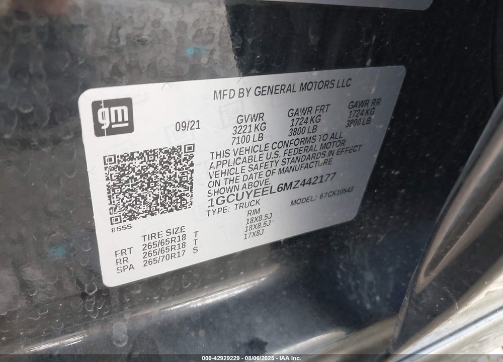 2021 CHEVROLET SILVERADO 1500 VIN: 1GCUYEEL6MZ442177