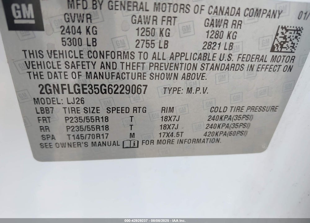 2016 CHEVROLET EQUINOX VIN: 2GNFLGE35G6229067