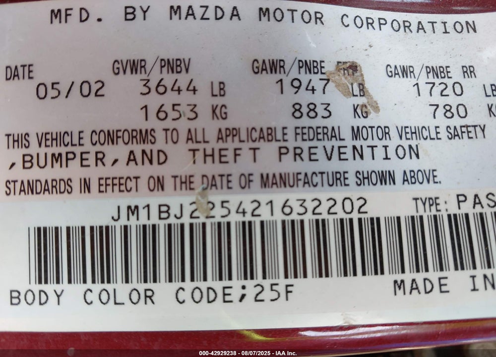 2002 MAZDA PROTEGE DX/ES/LX VIN: JM1BJ225421632202