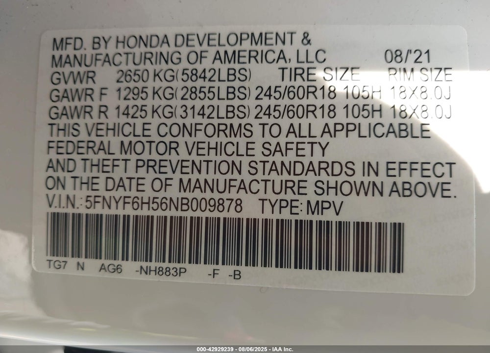 2022 HONDA PILOT VIN: 5FNYF6H56NB009878