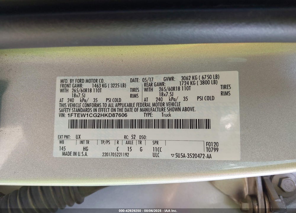 2017 FORD F-150 VIN: 1FTEW1CG2HKD87606