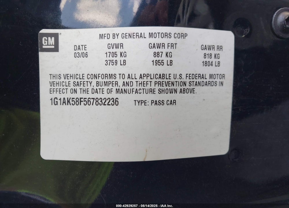 2006 CHEVROLET COBALT VIN: 1G1AK58F567832236