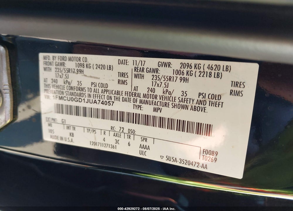 2018 FORD ESCAPE SE VIN: 1FMCU0GD1JUA74057