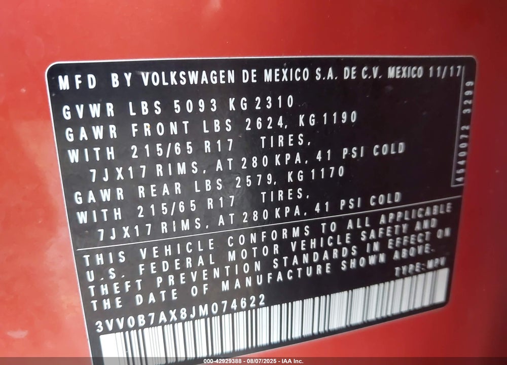 2018 VOLKSWAGEN TIGUAN 2.0T S VIN: 3VV0B7AX8JM074622