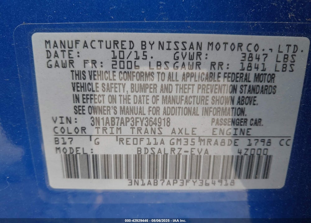 2015 NISSAN SENTRA VIN: 3N1AB7AP3FY364918