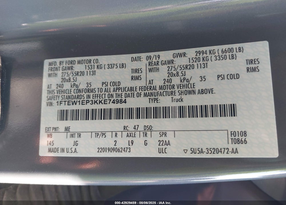 2019 FORD F-150 VIN: 1FTEW1EP3KKE74984