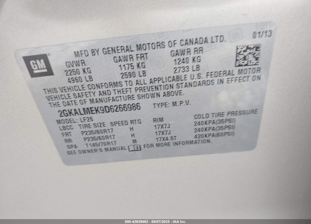 2013 GMC TERRAIN VIN: 2GKALMEK9D6266986