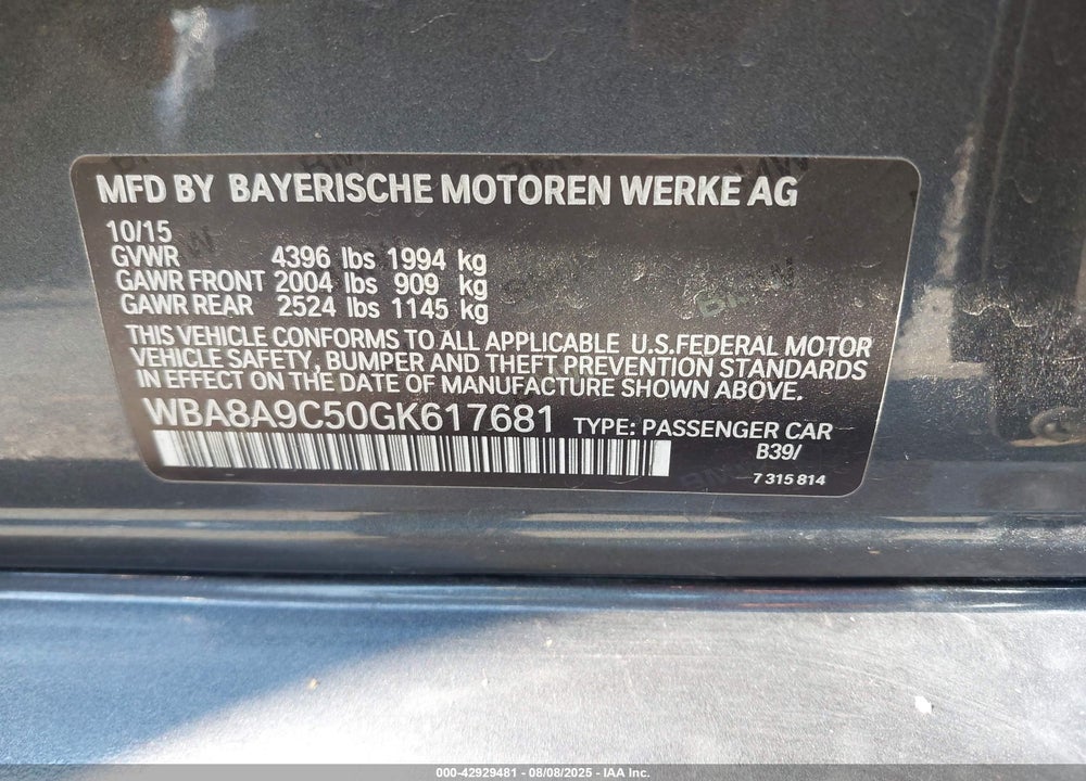 2016 BMW 3 SERIES VIN: WBA8A9C50GK617681