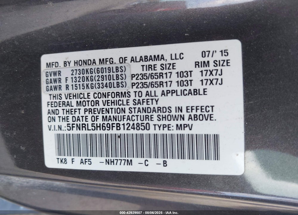2015 HONDA ODYSSEY EX-L VIN: 5FNRL5H69FB124850