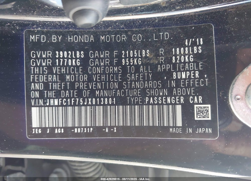2018 HONDA CIVIC VIN: JHMFC1F75JX013801